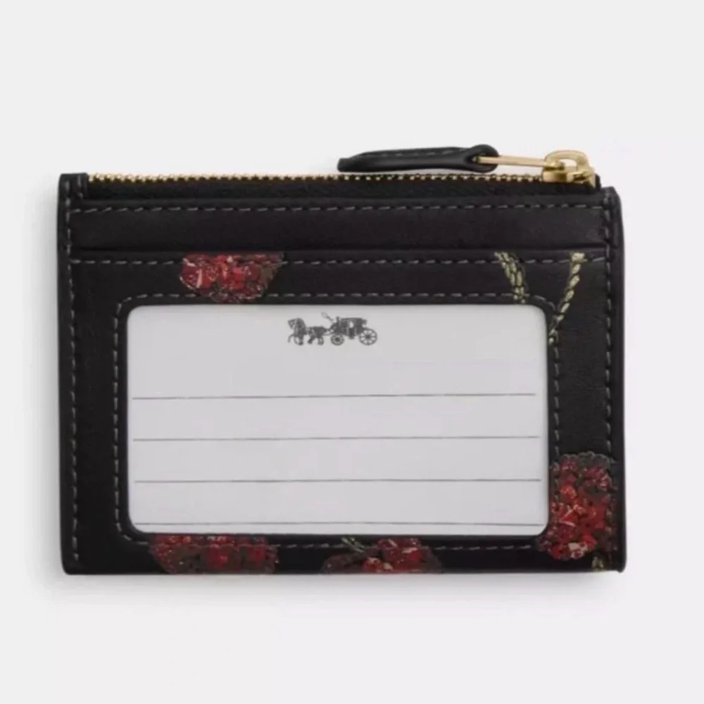 COACH Mini Skinny Id Case Leather Cherry Print Cardholder Keychain Wallet NWT